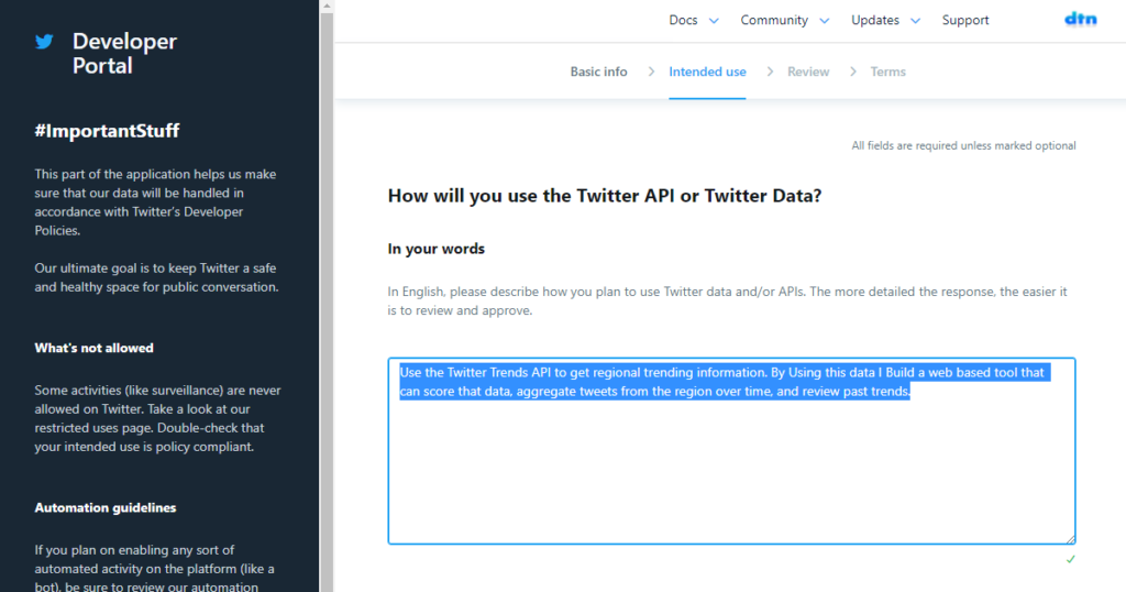 Twitter API Developer Portal - API使用目的の確認（英語で）