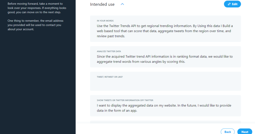 Twitter API Developer Portal - 入力内容確認画面（英文回答）