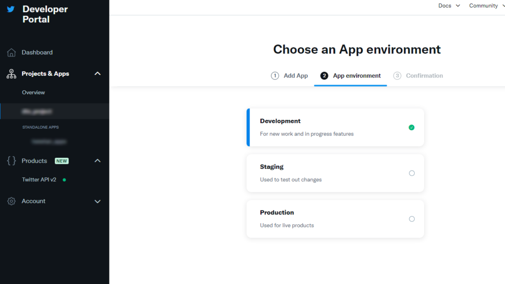 Twitter開発者画面でTwitter API v2用のAppの開発環境を選択