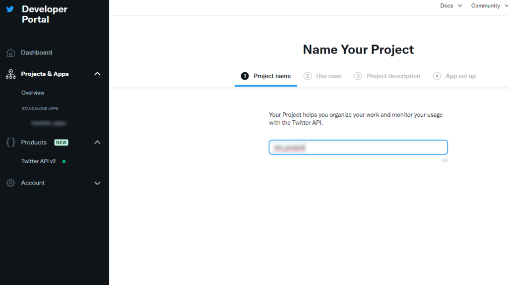 Twitter開発者画面でTwitter API v2用のプロジェクト名を設定